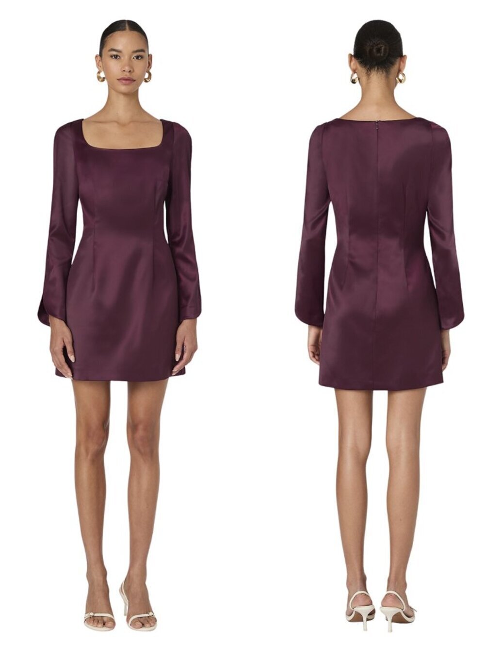 New $158 French Connection Structured Long Sleeve Satin Burgundy Dress Size 8